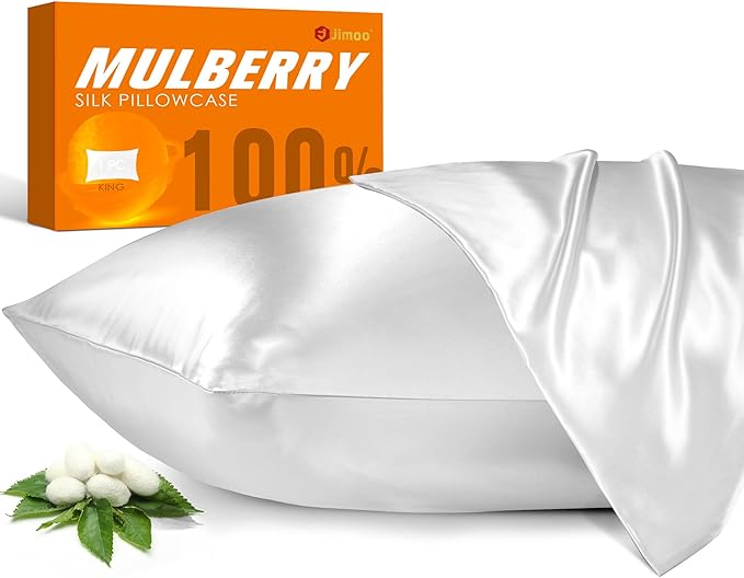 100% Mulberry Silk Pillowcase for Hair and Skin, 22 Momme Pure Natural Silk Pillow Case Both Sided with Zipper, Pillow Cover for Women Mom Men (White, King 20''×36'', 1 Pack)