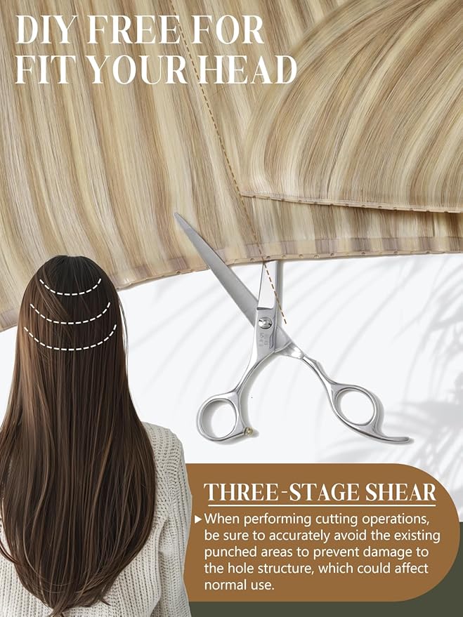 LOXXY Double Layered OVO PU Human Hair Extensions - 16 Inch 100g Butterfly Hand Tied Weft Hair Extensions Human Hair with Holes - Light Brown With Platinum Blonde Highlights, Twin Tabs Weft Width31.5"