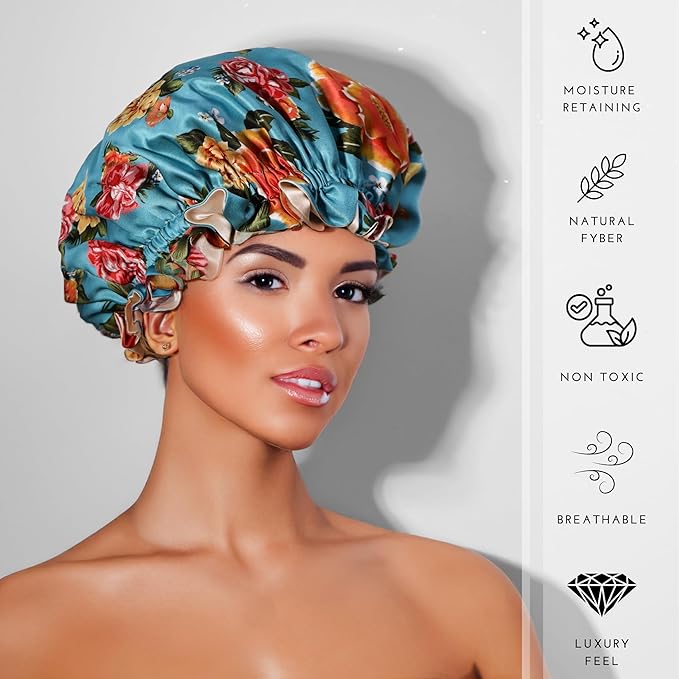 100% Mulberry Silk Bonnet for Women – Handmade in USA, 19 Momme Double-Layer Reversible Hair Wrap, Non-Slip Sleep Cap for Curly & Natural Hair, Luxury Hair Protection (Blue Peonies)