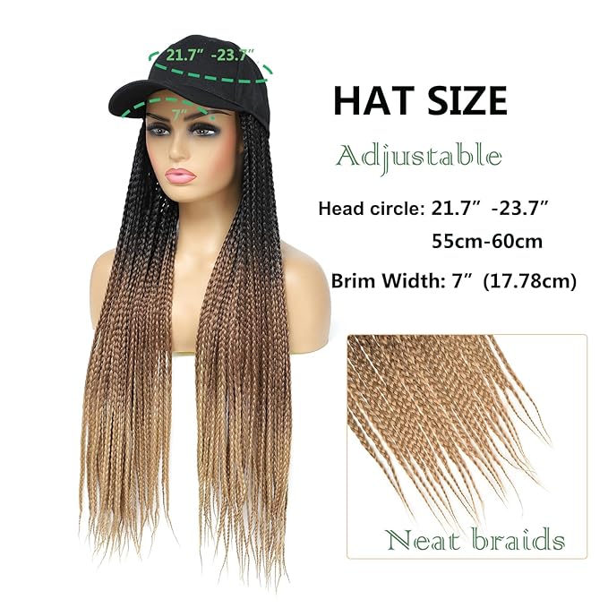 Hat Wig for Women Baseball Cap with Braided Hair Attached 24inch long Synthetic Ombre Box Braid Wig Hat Adjustable Cap with black brown light brown Braids for Daily Outdoor Use (B-53)