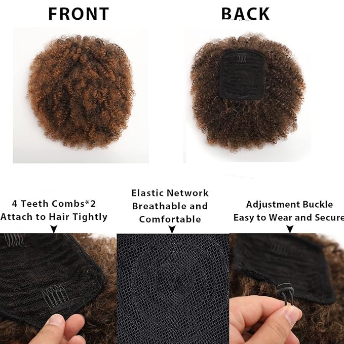Afro Puff kinky curly Drawstring Ponytail Extension for Black Women Synthetic Short Afro Kinkys Curly Afro Bun Extension Hairpieces Updo Hair Extensions with Two Clips(1B) (18inch, T30#)