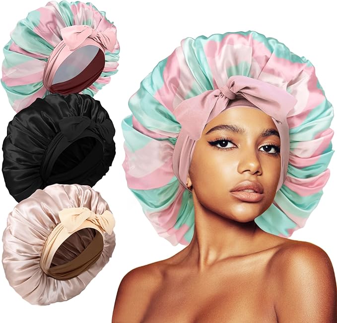 3Pcs Bonnets for Sleeping, Extra Satin Silk Bonnet for Sleeping Women with Tie Band for Curly Hair Jumbo Bonnet Braids