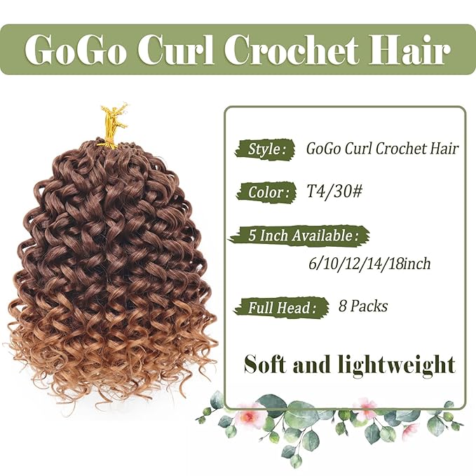 Vomella GoGo Curl Crochet Hair 8 Packs Water Wave 10 Inch Curly Crochet Hair for Women Short Beach Curl Synthetic Deep Twist Extensions(T4/30#)