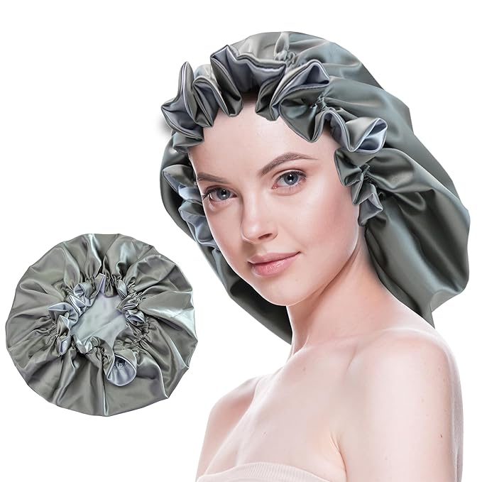 Silk Bonnet for Sleeping Satin Bonnets Double Layer Reversible Hair Cap Bonnet for Women Long Curly Braid Hair (Charcoal)