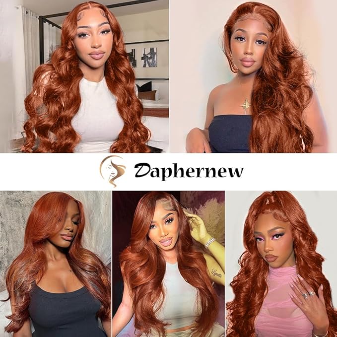 200 Density 13x6 Reddish Brown Lace Front Wigs Human Hair Pre Plucked 13x6 HD Transparent Body Wave Lace Front Wigs Human Hair With Baby Hair Ginger #33 Colored Human Hair Wig For Women (34 Inch)