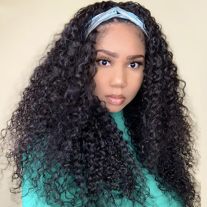 Curly Headband Wig Human Hair 26 inch Glueless Deep Wave Human Hair Wigs None Lace Front Wigs for Black Women Water Wave Headband Wig Natural Color