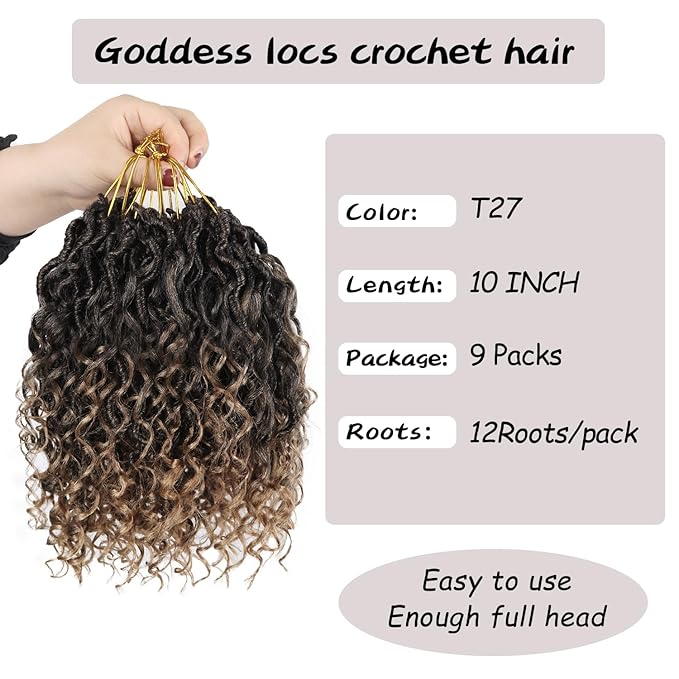 Goddess Locs Crochet Hair,10 Inch 9 Packs Synthetic Faux Locs Crochet Hair for Black Women,River Locs Hair Extensions Boho Style Pre looped Faux Locs with Curly Ends