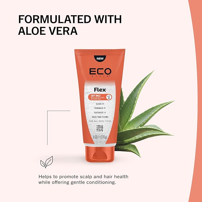 Eco Style Flex Hold Soft Gel with Aloe – Lightweight Alcohol-Free Hair Gel for Shine, Moisture & Control, Defines Curls & Smooths Edges, For All Hair Types, 6 Ounce
