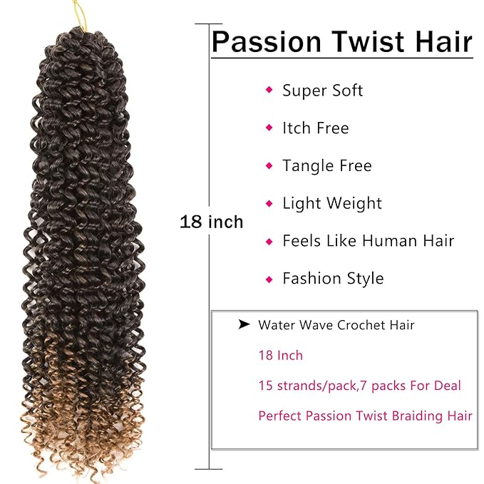 Passion Twist Hair 18 Inch 7 Packs Water Wave Crochet Hair Black Wrap Braiding Hair For Passion Twist Crochet Hair/Butterfly Locs/Spring Twist Crochet Braids Boho Hair Extension (18 Inch, 1B/30/27#)