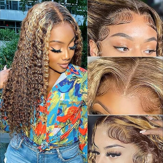 Chesma 24inch Highlight Ombre Lace Front Wig Human Hair 13x4 HD Honey Blonde 4/27 Deep Wave Lace Frontal Wigs Glueless Wigs Human Hair Pre Plucked180 Density