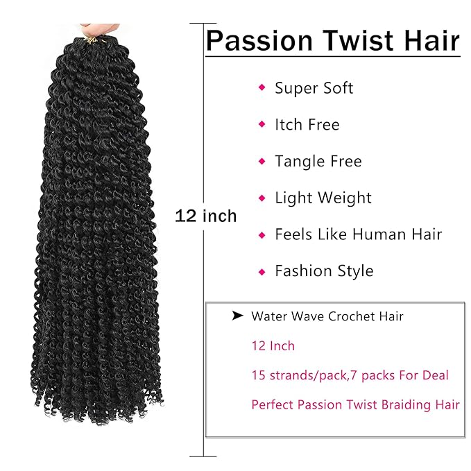 Passion Twist Hair 12 Inch, 7 Packs Water Wave Crochet Hair, Short Black Curly Wrapping Braiding Hair For Passion Twist Crochet Hair/Butterfly Locs/Spring Twist Crochet Hair Braids (12in,7pcs,1B#)