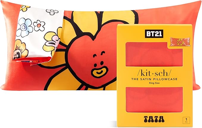 Kitsch x BT21 Satin Pillowcase with Zipper – Better Than Silk Pillowcase, Tata Character & Funky Floral Print – Soft Cooling Toddler Bed Time Pillow Case for Hair & Skin – King Size 19x36