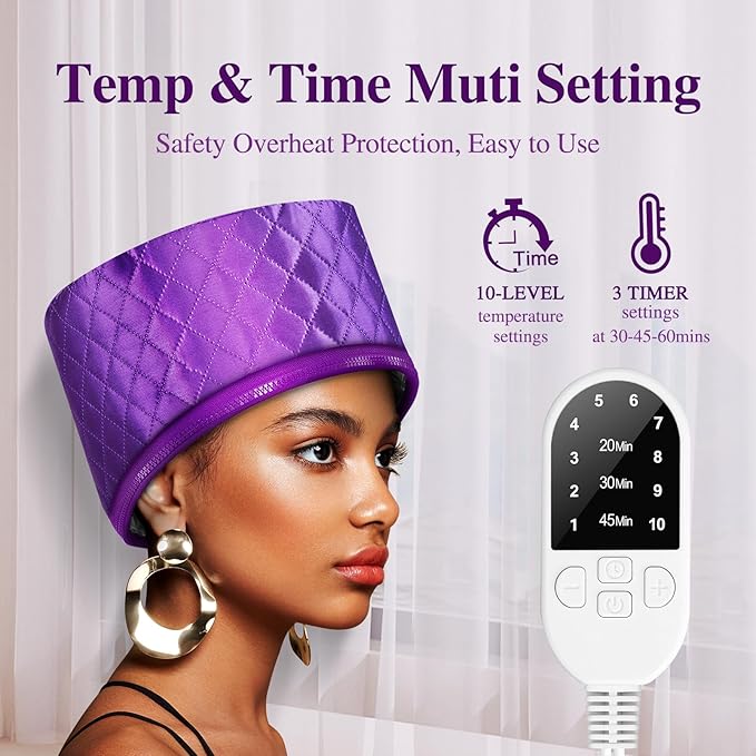 Thermal Steam Cap for Natural Hair Treatment: 10-Level Heating Cap for Deep Conditioning and Hair Steaming - Quick Heat-Up, Purple