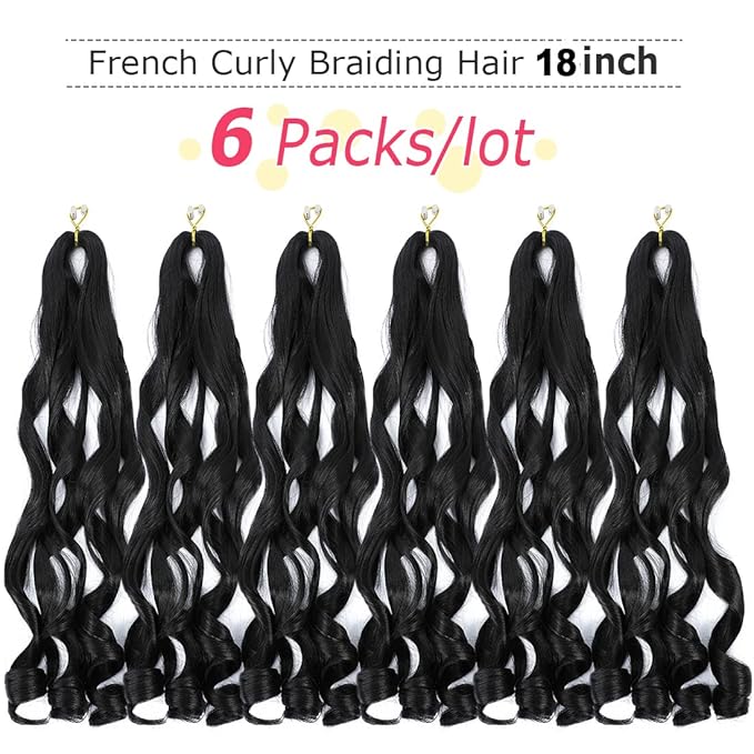 6 Packs French Curl Braiding Hair 18 Inch Loose Wave Bouncy Braiding Hair Pre Stretched 100g/pack Yaki Curly Crochet hair for Black Women Hair Extensions (1B)