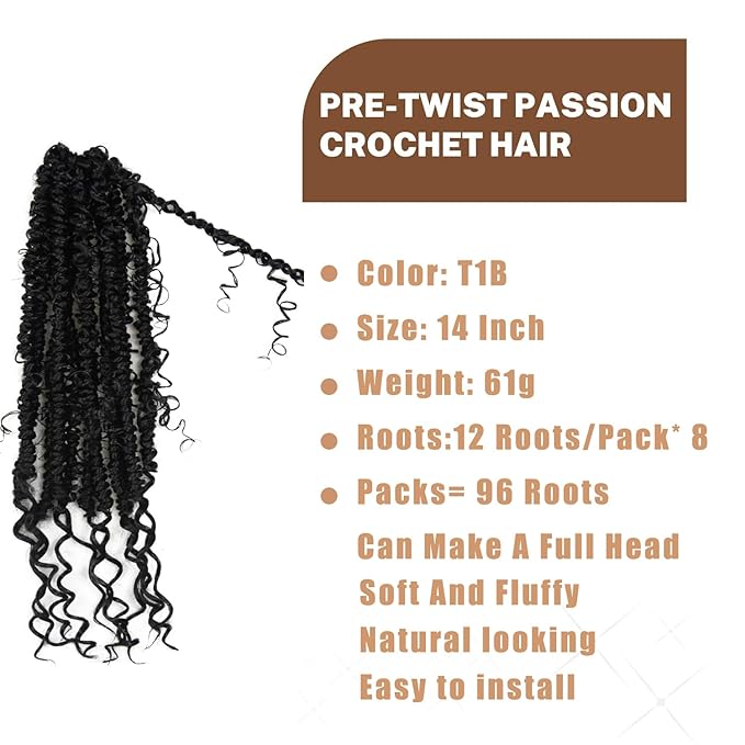 8 Pack Passion Twist Crochet Hair 14 inch Pretwisted Passion Twist Hair with Curly ends, Pre-looped Braided Crochet Boho Short Passion Twist Braided Hair for Women and Girls