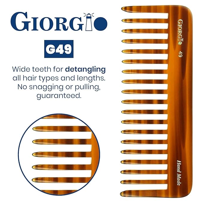 Giorgio G49 Large Hair Detangling Comb, Wide Teeth for Thick Curly Wavy Hair. Long Hairs Detangler Comb For Wet and Dry. Handmade of Quality Cellulose, Saw-Cut, Hand Polished, Tortoise Shell