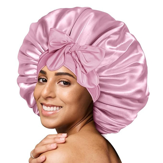 BONNET QUEEN Large Satin Bonnet Silk Bonnet for Sleeping Women Hair Bonnet Big Bonnet Night Sleep Cap Scarf Wrap for Curly Hair with Tie Band Rose Gold
