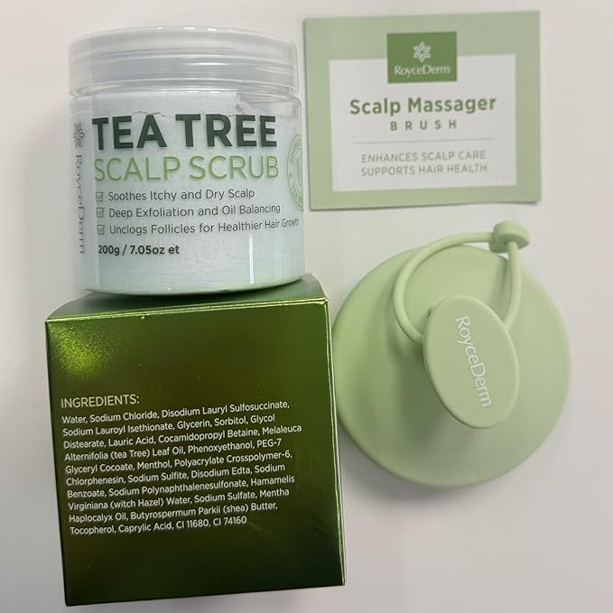 Roycederm Tea Tree Scalp Scrub with Scalp Massager Brush - Deep Cleansing & Exfoliating Pre-Shampoo Treatment for Dry, Flaky Scalp – Gently Refreshes, Hydrates & Balances Scalp