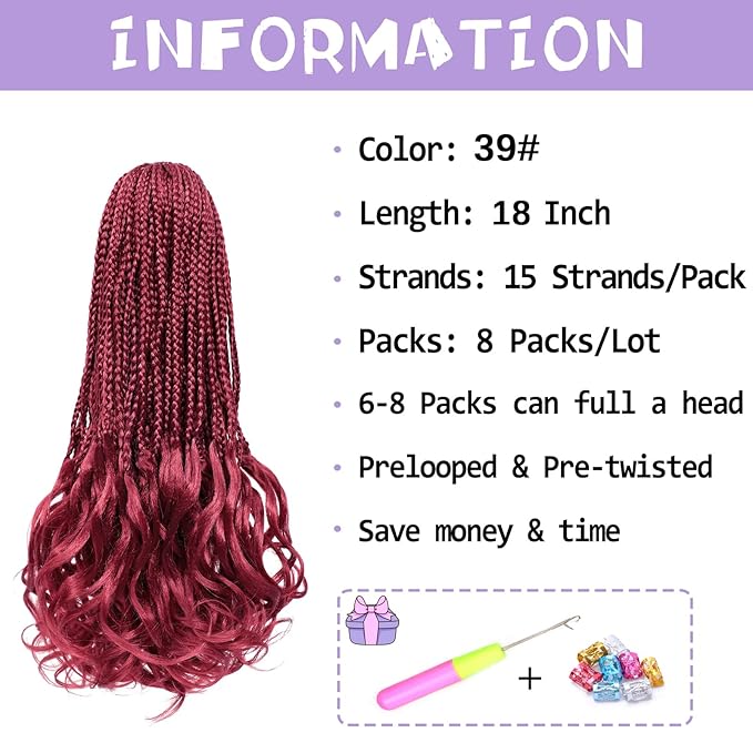 Burgundy French Curly Braiding Hair 18 Inch 8 Packs Red Crochet Box Braids with Curly Ends Pre-looped French Curl Crochet Hair for Women Synthetic Hair Extensions BUG#