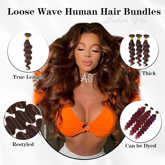 Brown Bundles Human Hair Loose Wave Human Hair 3 Bundles (#4, 12 14 16) 12A 100% Unprocessed Brazilian Virgin Hair Loose Deep Wave Remy Human Hair Extension 4# Color