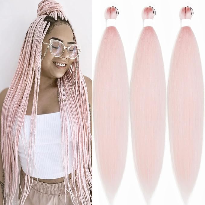 Rose Gold Pink Braiding Hair Pre Stretched 26 Inch Light Pink Colored Hair Extensions for Braiding Crochet Hair Box Braids Micro Jumbo Pre Stretched Braiding Hair 3 Pack