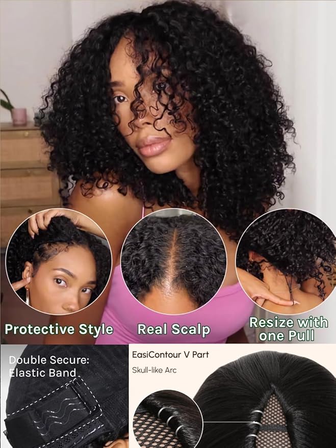 Julia Hair EasiContour 12A V Part Jerry Curly Glueless Wigs Human Hair Clip in Half Wig No Leave Out Vpart Wig Upgrade U Part Human Hair Wig for Women No Glue Beginner Friendly Natural Color 14 Inch