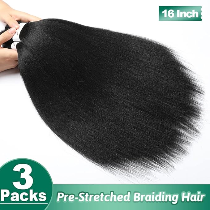 Braiding Hair for Kids 16 Inch Brown Pre stretched Braiding Hair Extensions Yaki Hot Water Synthetic Hair(16nch,3Packs Natural black)