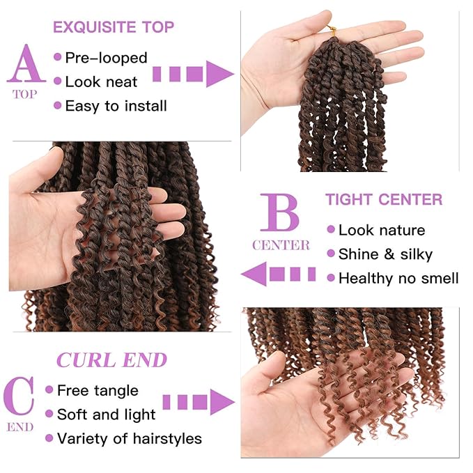 ZRQ Goddess Passion Twist Hair with Curly End 18 Inch Pre Twisted Passion Twist 8 Packs Ombre Brown Pre Looped Long Boho Style Crochet Braids Hair Extensions for Women