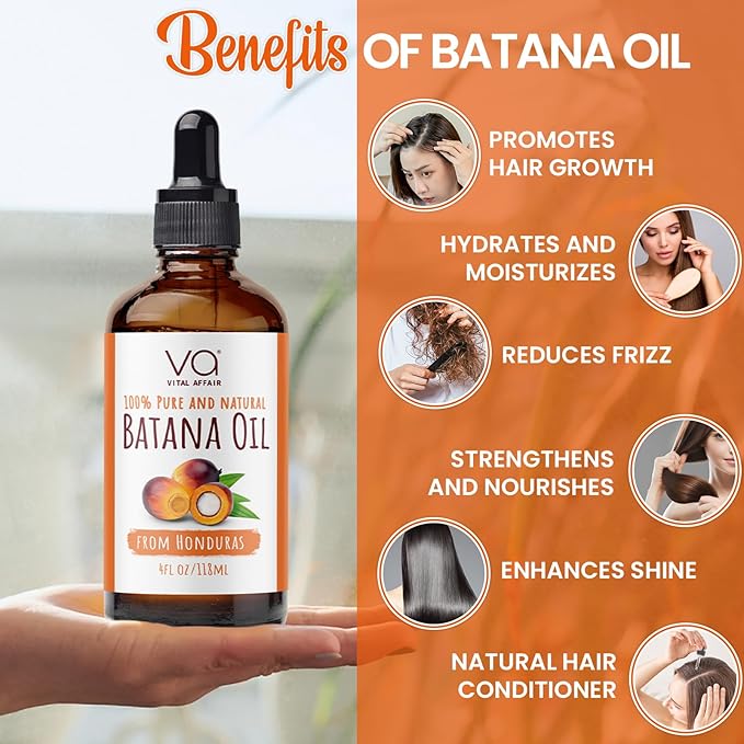 VITAL AFFAIR Batana Oil-Hair Growth Oil-4 Fl Oz-Glass Bottle-Cold Pressed-100% Raw-Dr Sebi Recommended-Essential Nutrients-For Women & Men