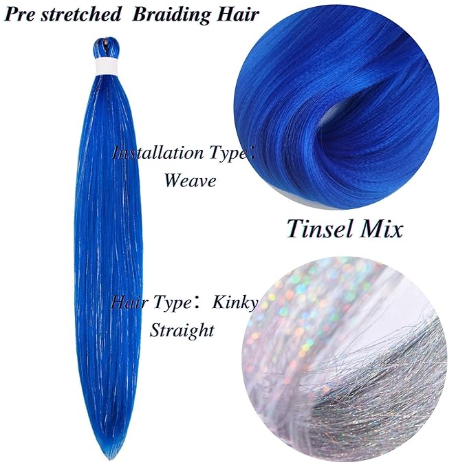 Tinsel Braiding Hair Pre stretched Blue Braiding Hair for Glitter Braids Festival Braids