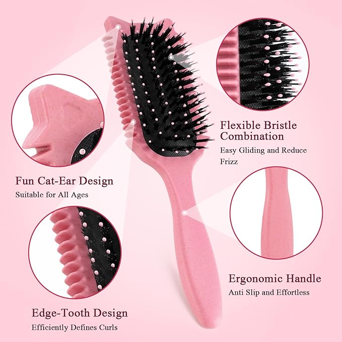 Curly Hair Brush, Curl Defining Brush for Effortless Curly Hair Care, Funny Cat Ear Type Curl Brush Suitable for Wet & Dry Hair,Women and Men,Reduces Frizz (Pink)