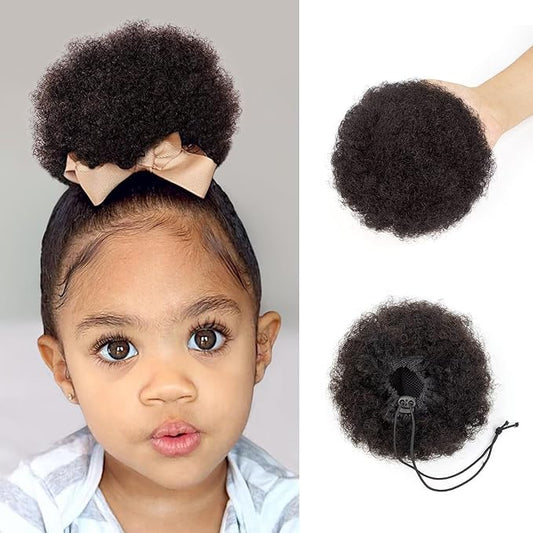 Afro Puff Ponytail for Black Women 100% Human Hair Ponytail Extension Short Updo Hair Buns Small Size Curly Ponytail for Little Girls 2 Clips 4 Inch Natural Color ,Soft, And Durable For Repeated Use