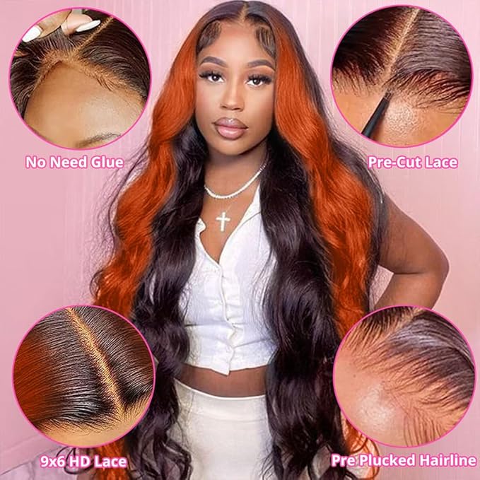 200% Density Wear And Go 9x6 Glueless Wigs Human Hair Pre Plucked Pre Cut For Beginners Ginger Body Wave Lace Front Wigs Human Hair For Black Women HD Lace Closure Colored Glueless Wig(30 INCH)