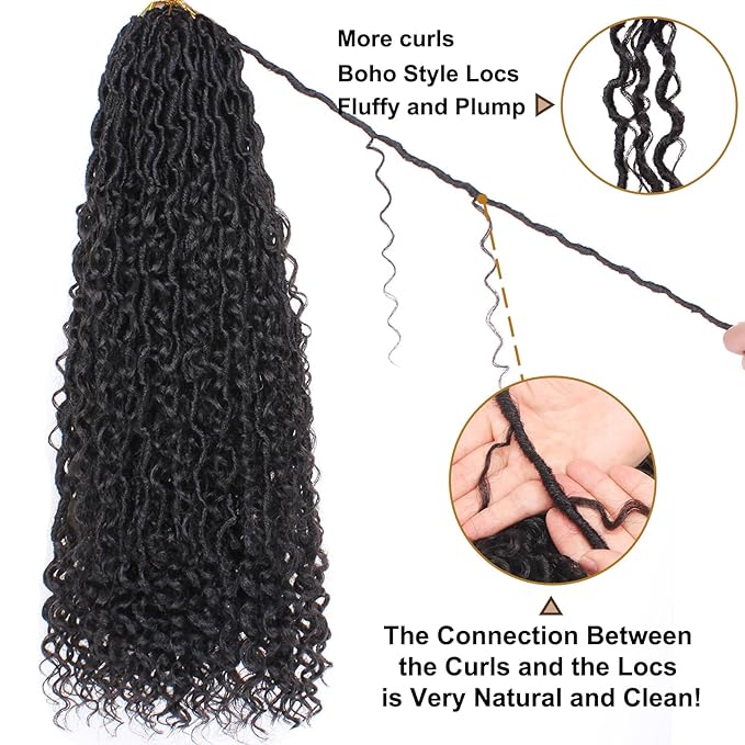 COOKOO 24 Inch New Goddess Locs Crochet Hair 8 Packs Wavy Faux Locs Synthetic Hair with Curls Pre Looped Boho Soft River Locs Crochet Hair Synthetic Hair Extensions 1B#