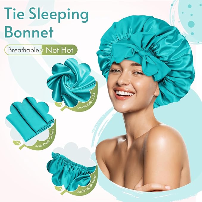BONNET QUEEN Silk Bonnet for Sleeping Women Satin Bonnet Night Sleep Cap Wrap for Curly Hair with Adjustable Tie Band, Single Layer, Aqua Blue