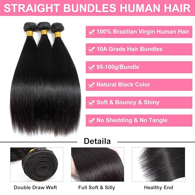 Straight Bundles Human Hair Brazilian Virgin Human Hair 3 Bundles 22 24 26 Inch 100% Unprocessed Straight Human Hair Bundles Natural Black Bundles Weave Hair Extensions For Black Women