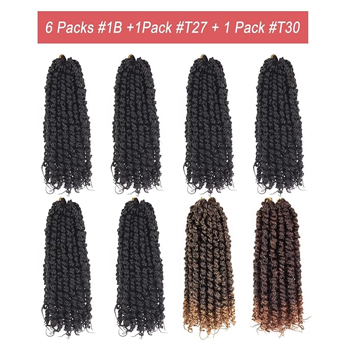 Leeven 8 Inch Passion Twist Crochet Hair 8 Packs (6 Packs #1B+1 Pack T27+1 Pack T30) Short Bomb Pre-Twisted Passion Twist Mixed 3 Color Combo Pack Synthetic Hair For Women Kids