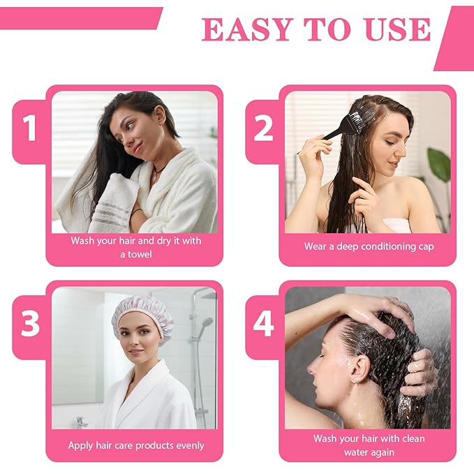 2Pcs Pink Deep Conditioning Hot Oil Hair Treatment Caps, Double Layer, Waterproof Deep Conditioning Hair Cap, Reusable Shower & Steam Caps