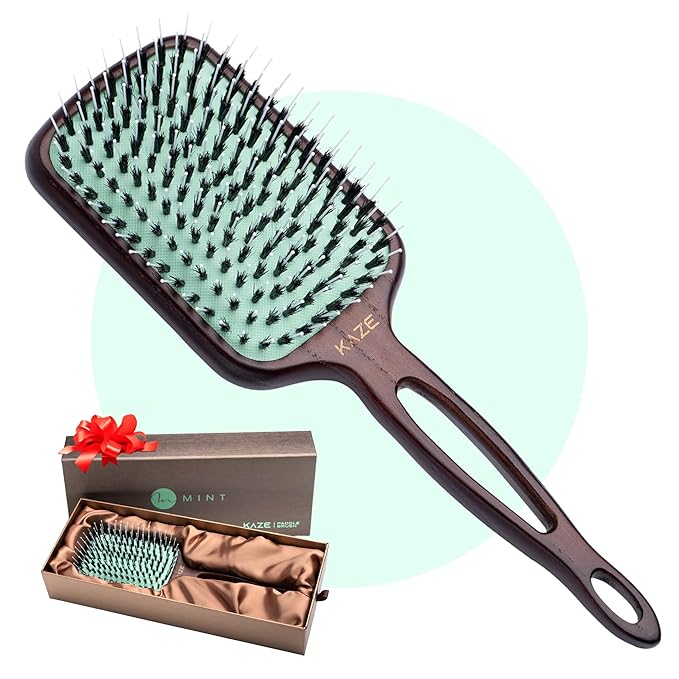 Eco-Friendly Boar Bristle Paddle Hair Brush for Women by MINT | Anti-Breakage Detangling Brush Great for Color-Treated Hair, Extensions and All Hair Types | Hand-Crafted Wooden Handle