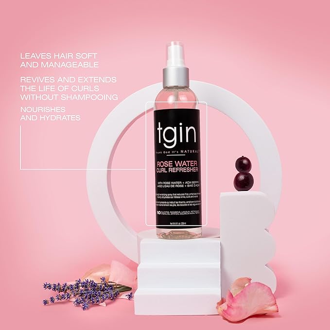 tgin Rose Water Curl Refresher – Curl Spray for Curly, Coily, and Wavy Hair – tgin Hair Products Enhances Shine, Reduces Frizz, and Moisturizes Dry Curls & Scalp – Acai Berry & Rose Water – 8 Fl Oz