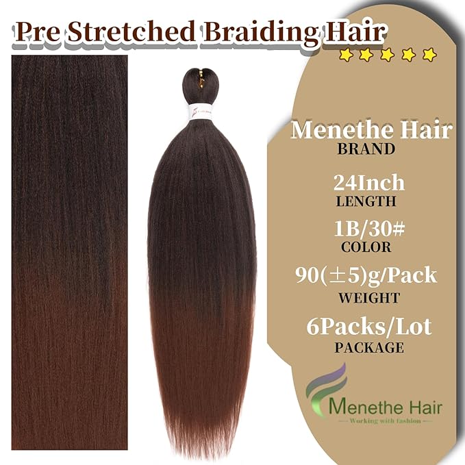 Ombre Braiding Hair,24 Inch Ombre Natural Black To Brown 6 Packs Hair Extensions Professional Synthetic Braid Hair Crochet Braids, Soft Yaki Texture, Hot Water Setting (24Inch,T1B/30#).