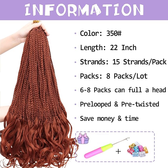 French Curl Crochet Braids 22 Inch 8 Packs Goddess Box Braids Crochet Hair for Women Ginger Pre Looped Crochet Box Braid with Curly Ends Synthetic French Curly Braiding Hair Extensions (350#)