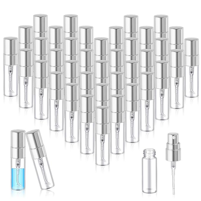 Zhehao 50 Pcs Mini Spray Bottles 3 ml Clear Glass Perfume Bottles Refillable Fine Mist Perfume Atomizer Portable Empty Sample Containers for Cleaning, Essential Oils, Travel (Silver Cap)