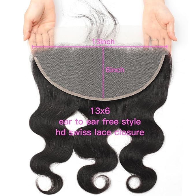 13x6 Lace Frontal Human Hair Closure Body Wave HD Transparent 13x6 Ear to Ear Frontal Closure With Baby Hair Free Part 100% Virgin Human Hair Natural Hairline 12inch