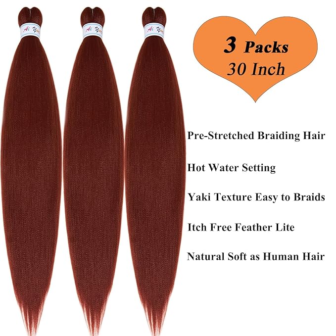30 Inch Pre Stretched Braiding Hair Ginger Hypoallergenic Knotless Non Toxic 350 Braiding Hair Pre Stretched Plant Based Synthetic Braid Hair Extensions 3 Packs