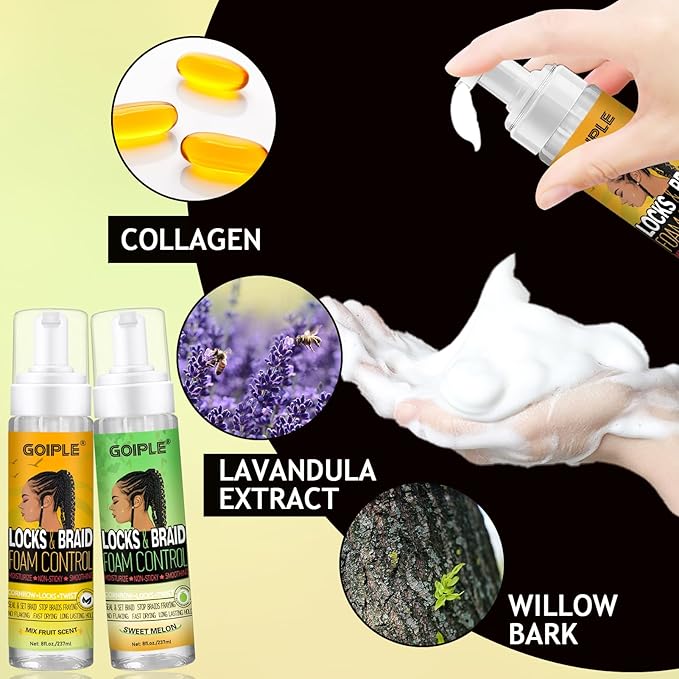 Goiple Hair Mousse for Braids, Twist, Locs - Braid Foam Control Mousse, No Flake, High Shine Style and Moisturizes, Lightweight Easy to Apply 16 fl oz (2pcs)