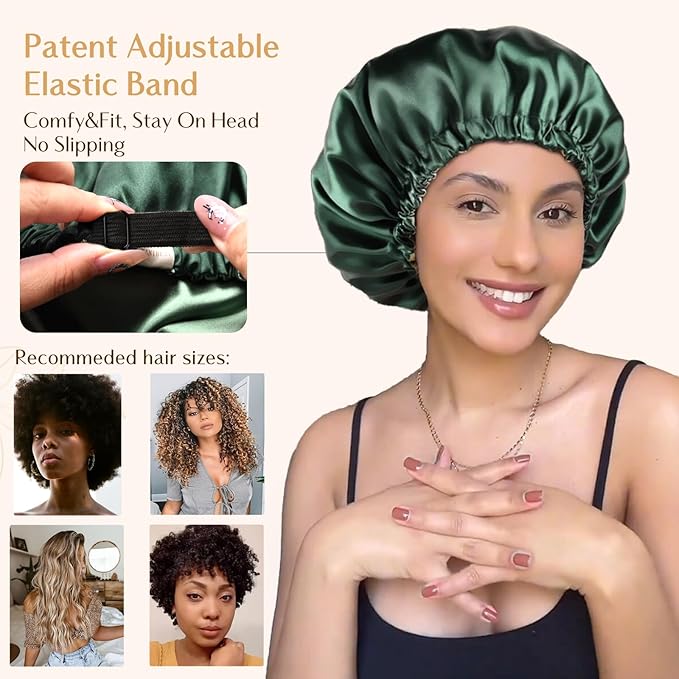 YANIBEST Adjustable Satin Bonnet Double Layer Hair Bonnet for Sleeping Bonnets for Women Hats Curly Natural Hair, Green
