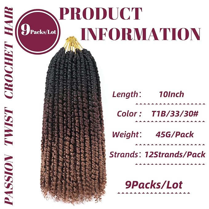 9 Packs Pre-Twisted Passion Twist Crochet Hair,10 Inch Ombre Crochet Twists Pre Looped Short Passion Twist Crochet Braiding Hair Extensions for Women(10 Inch,T1B/33/30#)