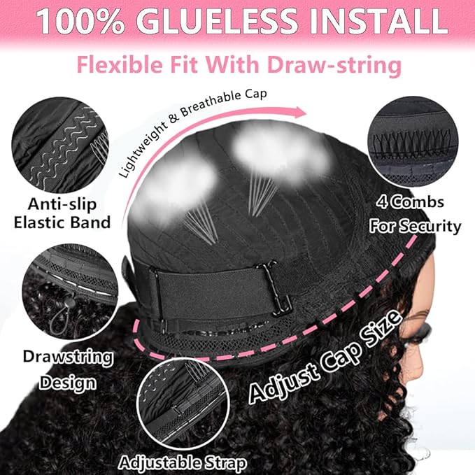 Half Wig Human Hair Water Wave 20 Inch Wear Go Glueless Wigs 3 In 1 Curly Half Wig Human Hair 200 Density Wet and Wavy Drawstring Seamless Flip Over Wigs for Black Women Beginner Friendly