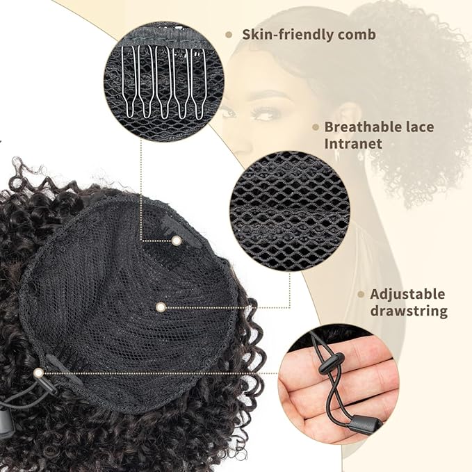 isheeny Human Hair Drawstring Ponytail for Black Women Natural Black Curly Extension 10Inch Instant Volume & Length for Everyday/Party
